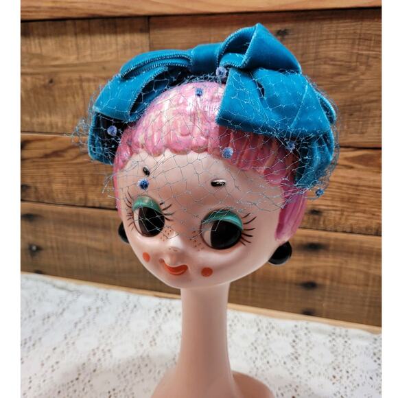 Vintage 1950's Blue Velvet Bows Netted Veil Fascinator Fashion Hat - Picture 6 of 9